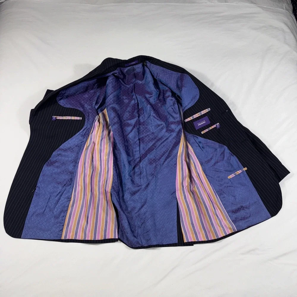 Ted Baker Endurance Blazer Mens 42L Navy‎ Purple Pinstripe Wool Jacket